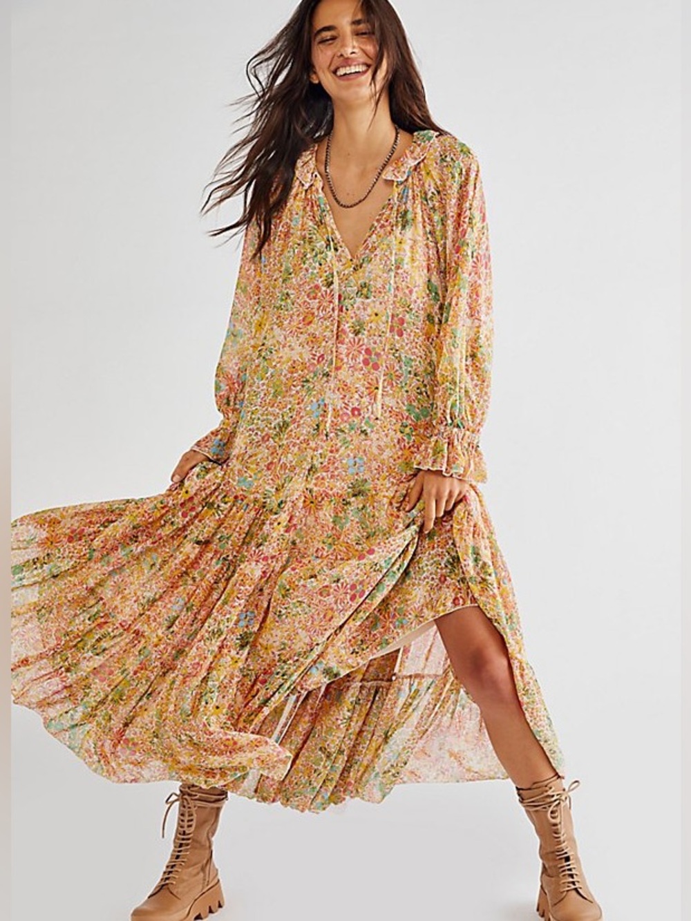 Free People Feeling Groovy Maxi Drees Long Sleeve Floral Flowy Oversized
